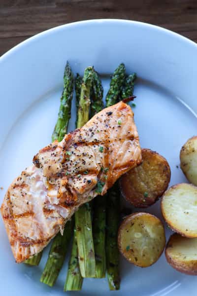 grilled salmon served with roasted potatoes + grilled asparagus