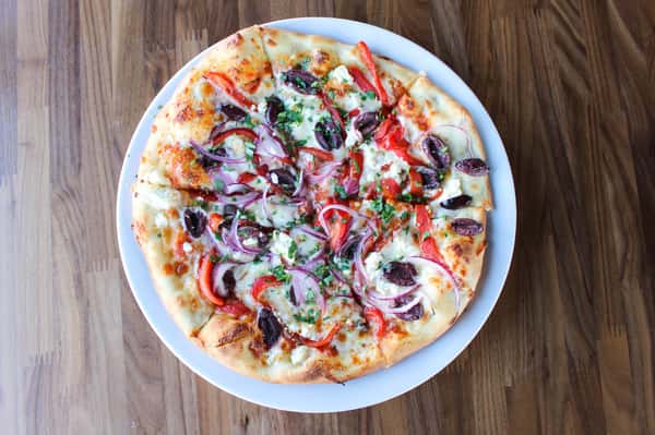 artichoke hearts, spinach, kalamata olives, mozzarella, goat cheese, garlic + evo