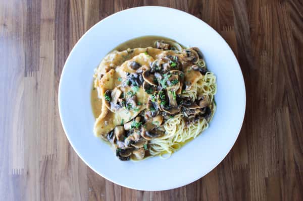 mushrooms, marsala wine, spaghettini, tossed in garlic + evo
