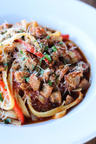 fettuccine, italian sausage, sauteed peppers, mushrooms, onions, marinara sauce