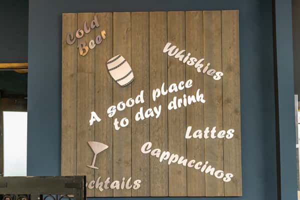 Wooden Sign - A Good Place to Day Drink - Cold Beer, Whiskies, Lattes, Cappuccinos, Cocktails