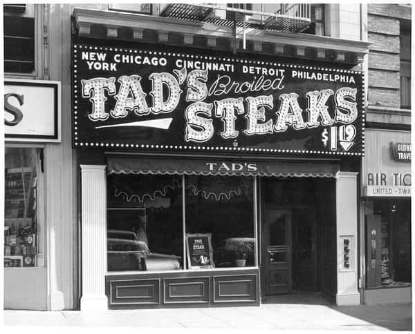 Exterior of building. Tad's Broiled Steaks