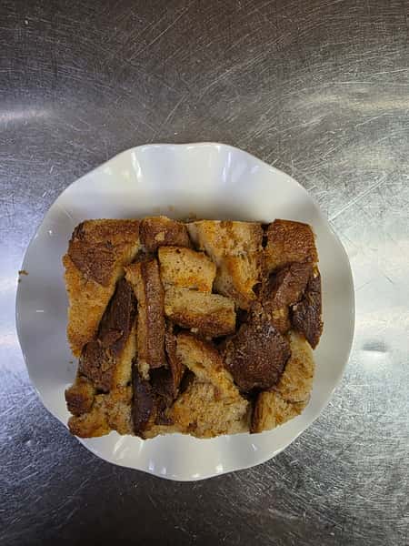 House-made bread pudding with bourbon cream sauce at Collectors Choice Restaurant in Snohomish.