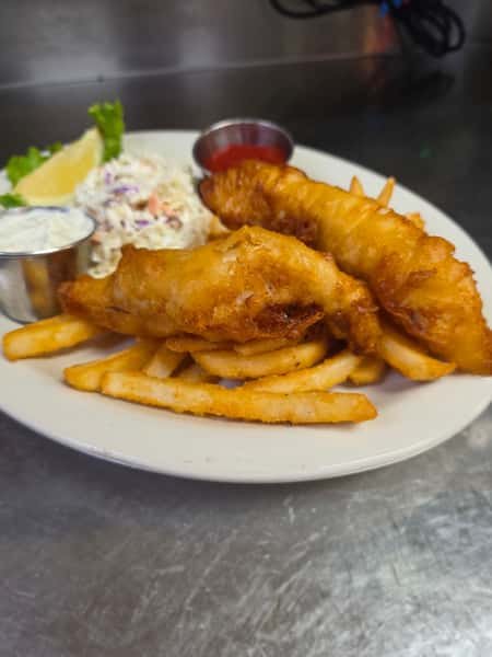 Two-piece Arctic cod and chips with coleslaw and tartar sauce at Collectors Choice Restaurant in Snohomish.