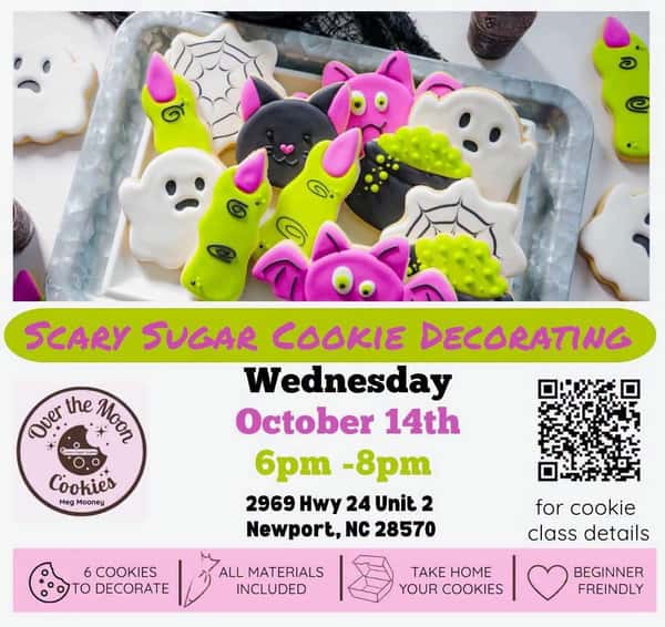 There are a few seats available for this fun class with Meg from over_the_moon_cookies. No experience necessary. She will walk you through on how to decorate your cookies. 

Class will be held at the cafe next Wednesday, October 14, from 6-8pm. 
Our full menu will be available for purchase. 

Purchase tickets ⬇️
https://www.eventbrite.com/e/newport-scary-sugar-cookie-decorating-class-tickets-1999731342276?sg=17ce98b62a029c7570cb1fe19ca1fe6c7928fc0191ce8fb663e01304e9baff3d2285f66d00849344fd71d561d953d6bec9d04cf47102c21050c009ff0cb56b2f3031bbf66ae9e588cef5fb790ad4&aff=ebdsshios