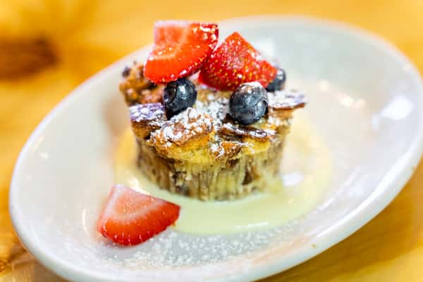 Caramelized Banana Bread Pudding with Berries
