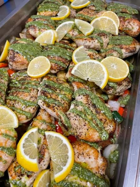 Pesto Chicken over roasted vegetable Catering