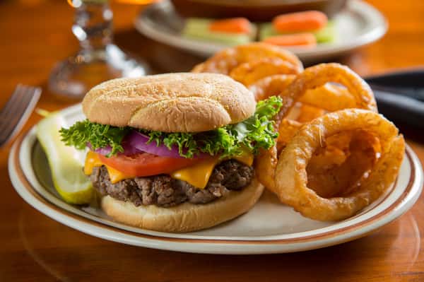 cheese burger and onion rings