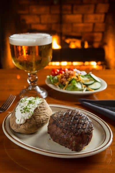 steak, salad, potato and beer