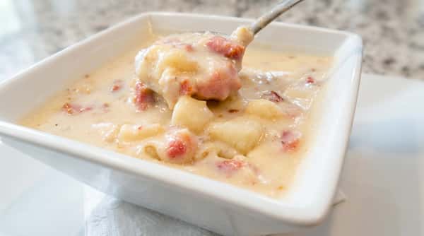 New England clam chowder with tender clams and creamy potato broth at Roger's Family Restaurant in Somerset MA