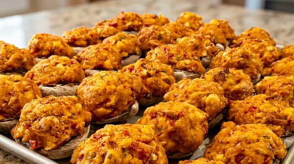 Baked stuffed mushrooms topped with golden seasoned seafood filling at Roger's Family Restaurant in Somerset MA