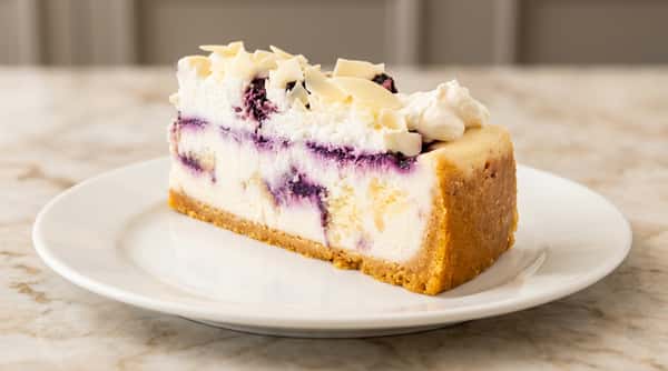 Creamy blueberry cheesecake topped with whipped cream at Roger's Family Restaurant in Somerset MA