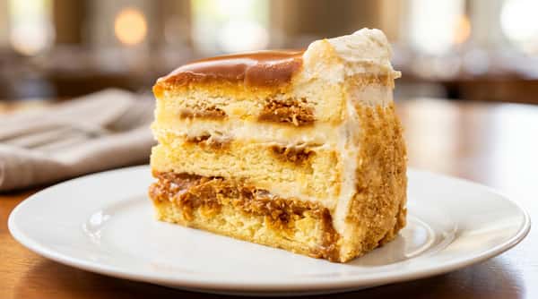 Layered caramel cake with rich frosting served at Roger's Family Restaurant in Somerset MA