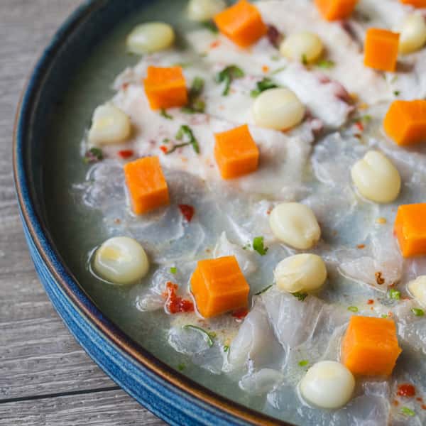 TIRADITO DE CORVINA Y PULPO AL LIMON