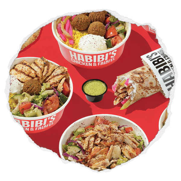 Habibi's wraps and bowls on a red background