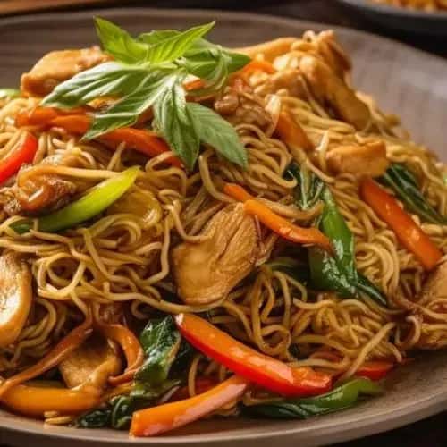 Vegetable and chicken noodle stirfry