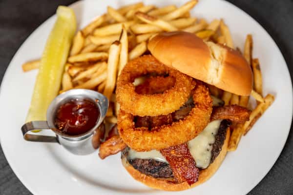 burger, fries and onion rings