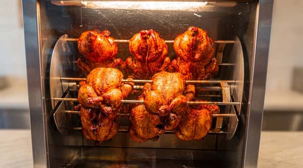 Golden roasted whole chickens cooking on a rotisserie inside a commercial oven.