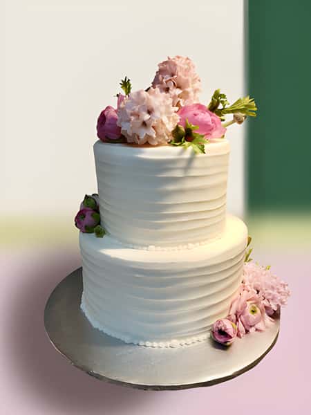 white layered cake adorned with pink blooms