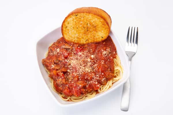 spaghetti with meat sauce and toast