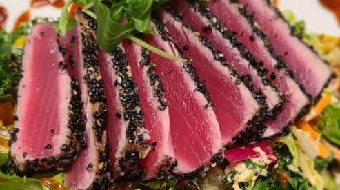 Pan- seared Ahi tuna│honey soy glaze│grilled baby bok choy│ginger carrots │24