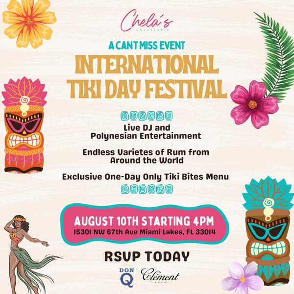 📌 SAVE THE DATE: International Tiki Day is August 10th, and we’re ready to celebrate 🥳 We ask that you RSVP via the link in bio to access exclusive one night only tiki cocktails, tiki bites AND for the first time ever, we’re selling Sampling Wristbands 🤩 These will give you a chance to try all of the drinks on the menu and reorder the ones you love most — all 👏 night 👏 long 👏 

Head over to the link in bio to RSVP ! 🌺 We’re loving tiki this summer, and promise you will too 🍹 #InternationalTikiDay #TikiMiami #MiamiTikiBar #TikiCocktails #MiamiEvents #MiamiFestival #MiamiLakes #ChelasMiami
