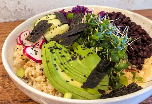 100% vegan and organic rice and bean bowl with veggies