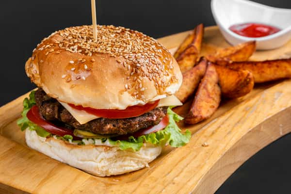 burger and wedges