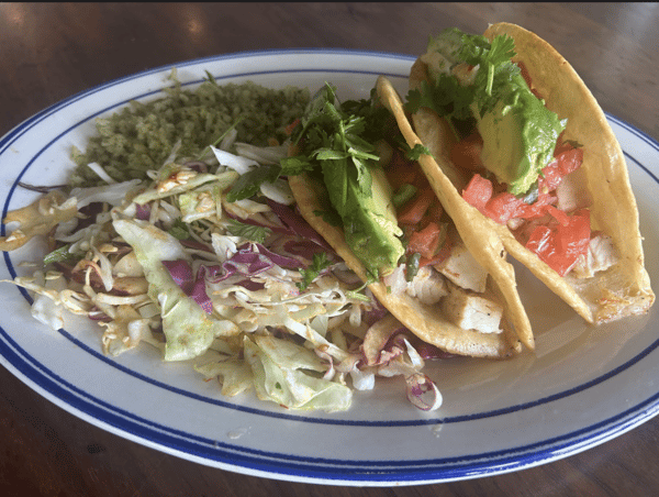 Chicken tacos with avocado, pico de gallo, and cilantro, served with slaw and green rice