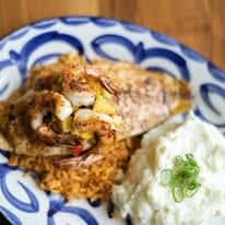 Mexican stuffed chile relleno topped with savory sauce, served with seasoned rice and creamy mashed potatoes on a decorative plate
