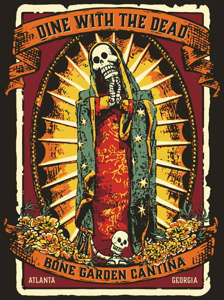 "Dine with the Dead" t-shirts and hoodies available for purchase.