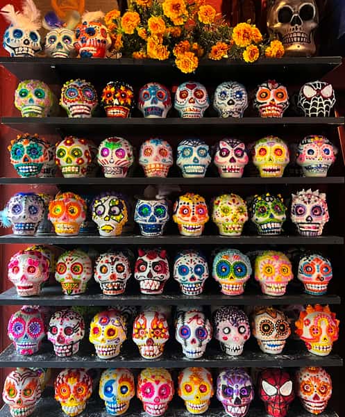 Bone Garden's wall of handmade sugar skulls for our annual Day of the Dead Celebration.