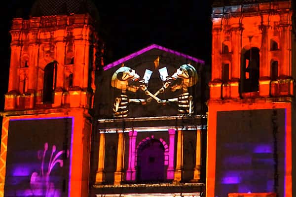 Projections on a church in Oaxaca, MX, to celebrate Day of the Dead.
