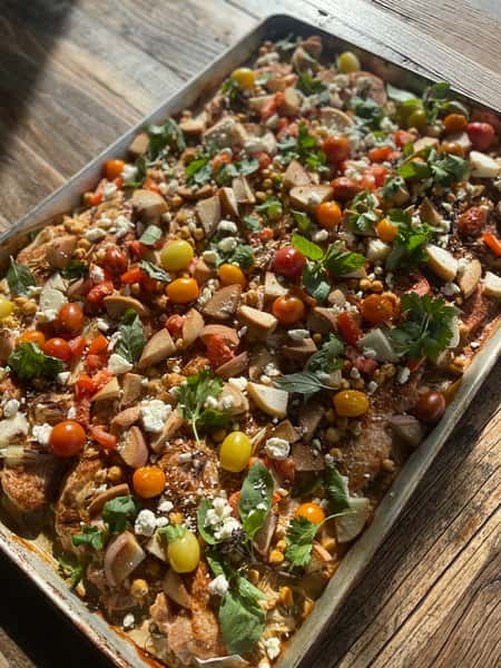 Moroccan Chicken with tomatoes, peaches, and chickpeas 