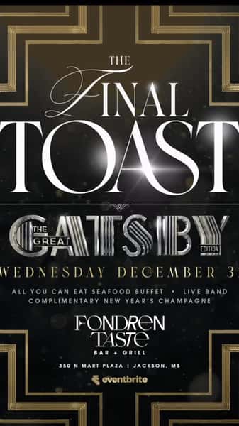 Step into the glamour of a bygone era as we ring in the New Year at The Final Toast: Gatsby Edition ✨�An evening inspired by Art Deco elegance, timeless fashion, and celebratory indulgence at Taste Bar & Grill – Fondren.
🥂 All-you-can-eat seafood buffet�🎶 Live band setting the mood�🍾 Complimentary champagne toast at midnight#tastebarandgrill #tastethevibe #tastebargrilljxn #jacksoneats #happyhourvibes
Join us for a sophisticated night of music, fine dining, and an elevated toast to new beginnings: where luxury, style, and celebration meet.
📍 Taste Bar & Grill – Fondren�📅 December 31�🎟️ Link in bio for tickets
