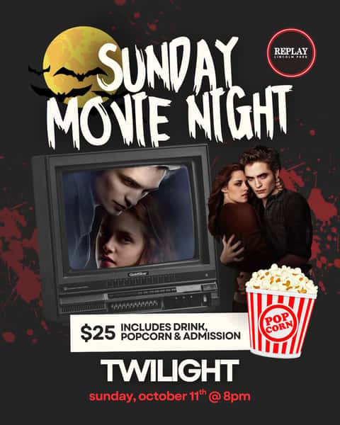 Sunday plans = Forks, popcorn, and a little vampire drama 🩸🍿🌲

Join us this Sunday, October 11 at 8PM for a screening of Twilight at Replay Lincoln Park

Your $25 ticket includes admission, popcorn, and a drink, plus you can explore the Twilight pop-up while you’re here 👀

Come early, grab photos, pick your team, and settle in for a very nostalgic Sunday night

Tickets available through the link in our bio 🎟️

#twilight #popup #replaylincolnpark #chicago #sunday