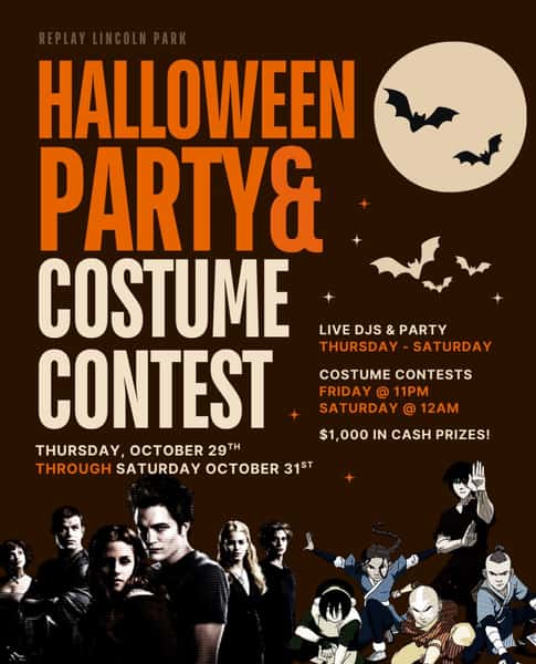 Halloween weekend is taking over Replay 🎃🩸

Join us Thursday, October 29 through Saturday, October 31 for three nights of DJs with @cornelius_kite and @the_adamblack, costumes, our Twilight + Avatar (back for the weekend only!) pop-ups, and costume contests with $1,000 in cash prizes 👀

Costume contests go down Friday at 11PM and Saturday at midnight, so come dressed to win

No cover all weekend, 21+

Comment HALLOWEEN below and we’ll send the free reservation link straight to your DMs 🎟️

#replaylincolnpark #halloween #chicago #popup #twilight