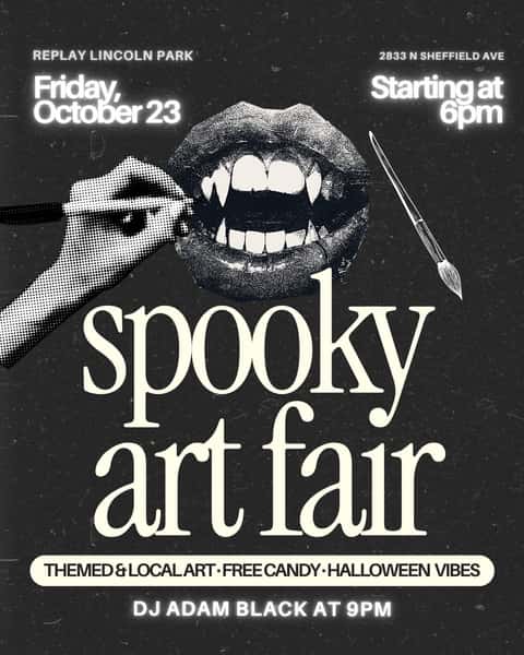Spooky season is getting an art night 🦇🎨
Join us Friday, October 23 starting at 6PM for Replay’s Spooky Art Fair, featuring local artists @pelon.creates, @n.susta.art, @squeakstarzula, and @rackle.art, plus free candy, creepy-cute finds, and plenty of Halloween vibes

Come browse, support local artists, grab a drink, and stick around for @the_adamblack starting at 9PM 🖤
Friday, October 23 starting at 6PM at Replay Lincoln Park, 21+ and no cover

#replaylincolnpark #artfair #halloween #twilight #chicago