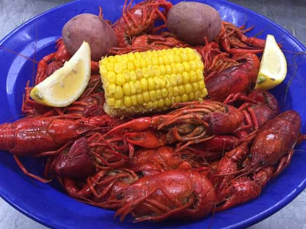 Lobsters with slices of lemon and a corn cob
