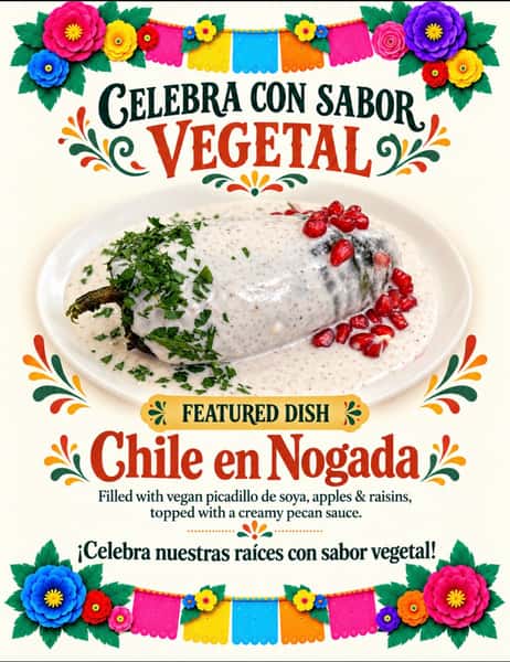 Celebrate with plant base flavor! Chiles en nogada emerged from Puebla’s rich convent & mestizo culinary traditions. According to legend, the dish was presented to Agustin de Iturbide in 1821, decorated with patriotic colors to celebrate Mexico’s independence. We invite you try this unique dish, deeply rooted in our heritage, experience the rich flavors of Mexican cuisine. #vivamexico #16deseptiembre #celebramos #comidamexicana —————————————————————————-Celebra con sabor vegetal! Los chiles en nogada surgieron de las ricas tradiciones culinarias conventuales y mestizas de Puebla. Según la leyenda, el platillo fue presentado a Agustín de Iturbide en 1821 y decorado con los colores patrios para celebrar la independencia de México. Los invitamos a probar este platillo único, profundamente arraigado en nuestras raíces, y a disfrutar de los exquisitos sabores de la cocina mexicana.