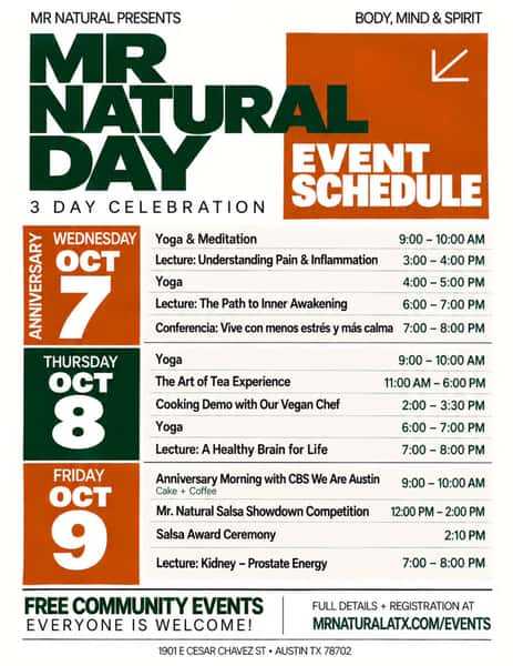 We’re celebrating 38 years of Mr. Natural!
Join us for a variety of special events, including health lectures, free yoga classes, cooking demos, and even a salsa-eating competition! I
There’s something for everyone! Check out the full event schedule at mrnaturalatx.com/events.
Come celebrate with us!
#MrNatural #38thAnniversary #Austin #ATX #AustinEvents AustinVegan AustinVegetarian VeganAustin VegetarianAustin Vegan Vegetarian PlantBased
HealthyLiving AustinFood ATXEvents