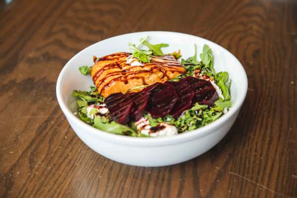 Roasted Beet Salad with Grilled Salmon or Crab Cakes