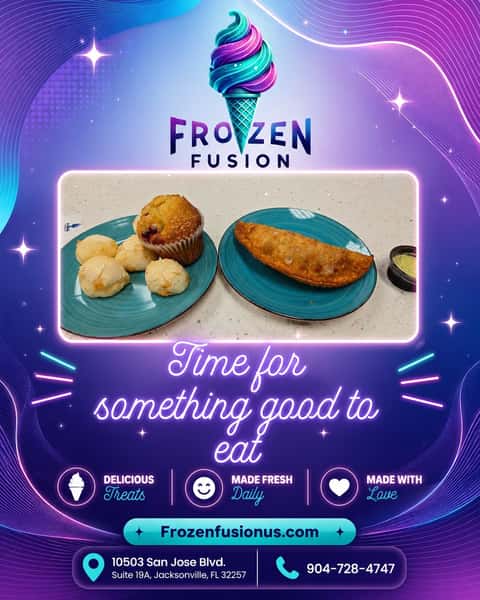 Need a midweek pick-me-up? ☕🍨

Stop by Frozen Fusion this Wednesday for coffee, lunch, dessert, or your favorite sweet treat. From empanadas and paninis to waffles and soft serve, we’ve got something for every craving.

📍 10503 San Jose Blvd suite 19A 🌐 https://www.frozenfusionus.com/

#FrozenFusion #JacksonvilleEats #CoffeeBreak #DessertTime #LunchSpot #SweetTreats #JacksonvilleFoodie