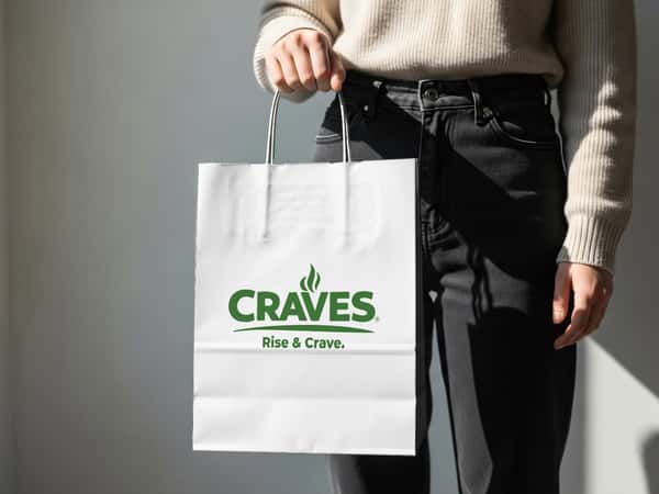 A white paper bag with the Craves logo