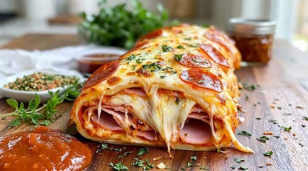 Pepperoni pizza stromboli filled with ham and gooey melted mozzarella, on a wooden board with sauce.