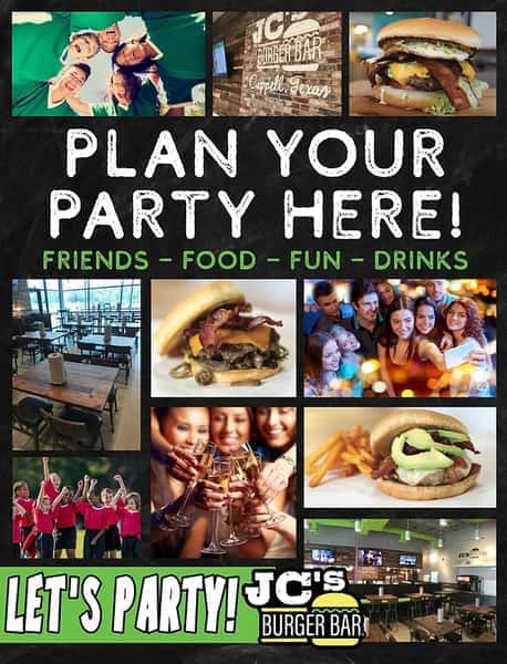Plan your party here! Friends, Food, Fun and Drinks at JC's Burger Bar