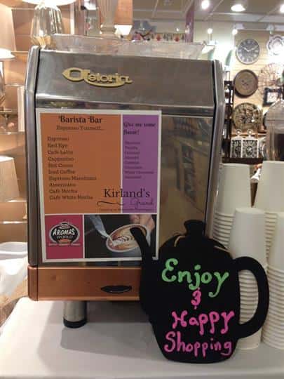 coffee pot that reads enjoy and happy shopping