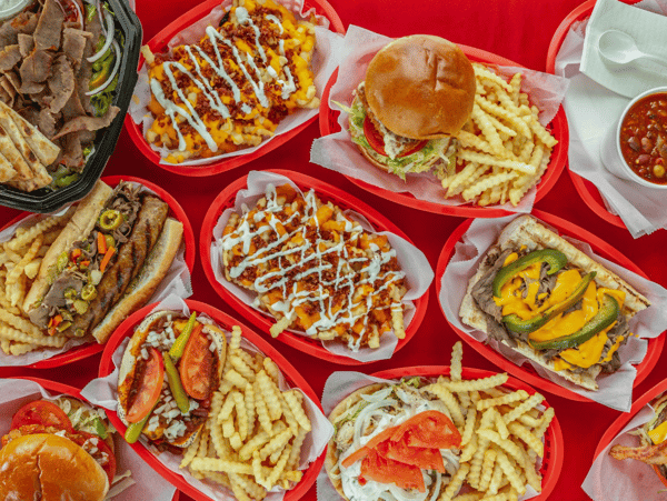 table of hot dogs and fries