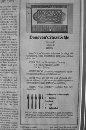 Donovan's Steak and Ale in a newspaper ad.