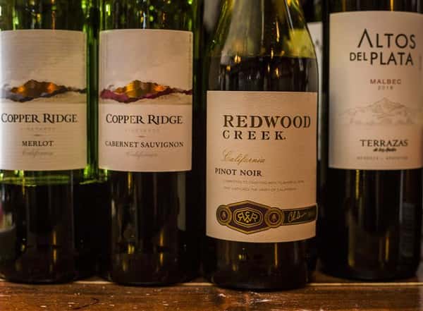 One bottle of Copper Ridge Merlot, Copper Ridge Cabernet Sauvignon, Redwood Creek Pinot Noir and Altos Del Plata Malbec.